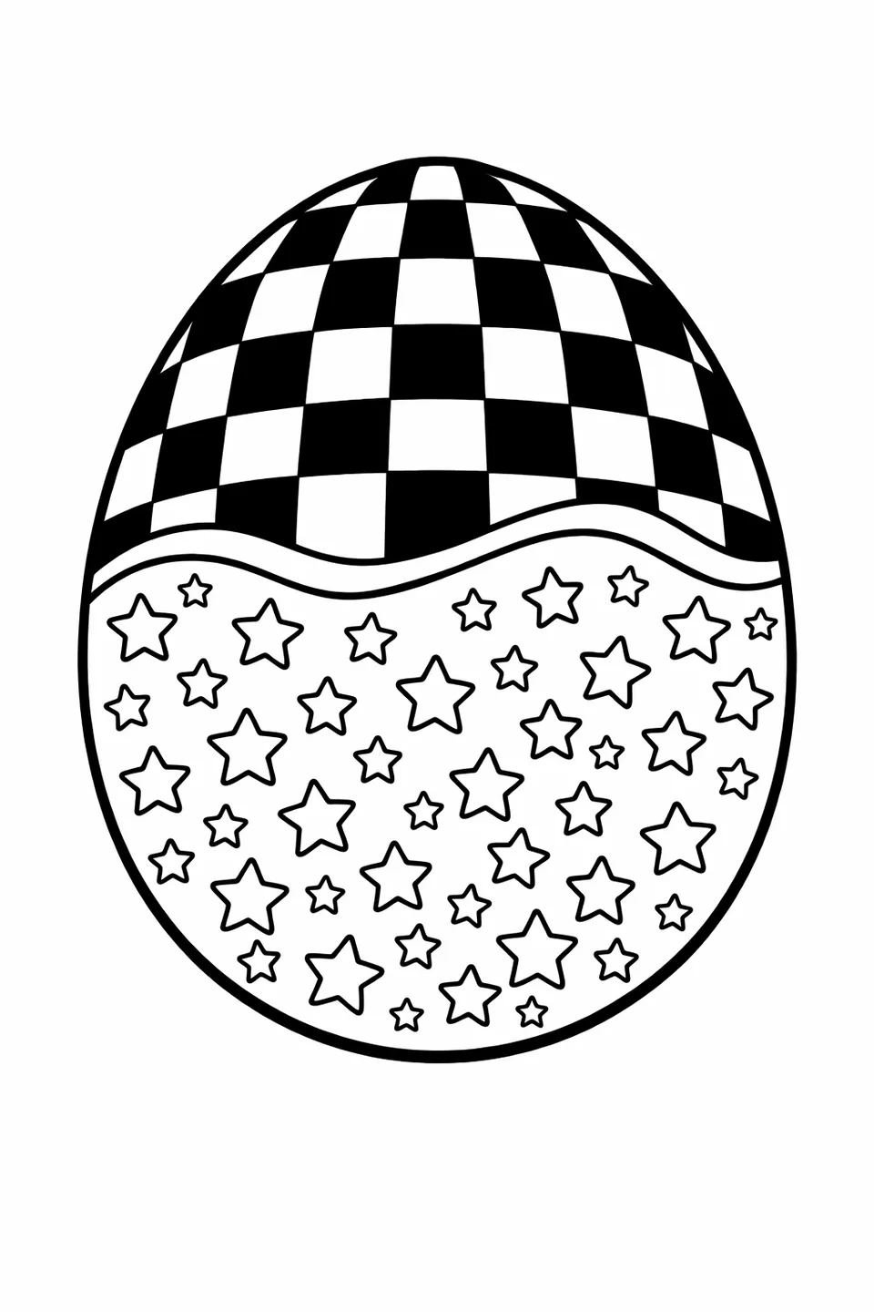 Easter egg outline with a checkerboard pattern on the upper half and scattered small stars on the lower half, divided by a wavy horizontal line