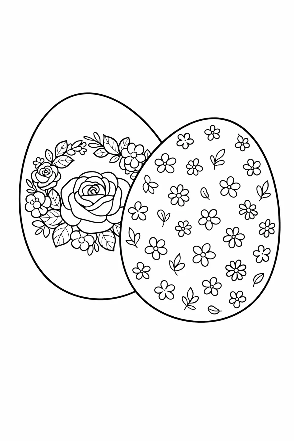 Two overlapping Easter egg outlines, one with a large centered rose wreath, one with small scattered wildflowers across the entire surface