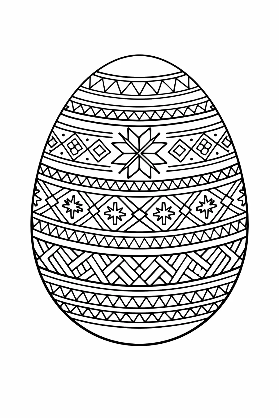 Easter egg outline decorated with pysanka-style geometric bands including triangles, diamonds, and fine symmetrical line patterns in horizontal sections
