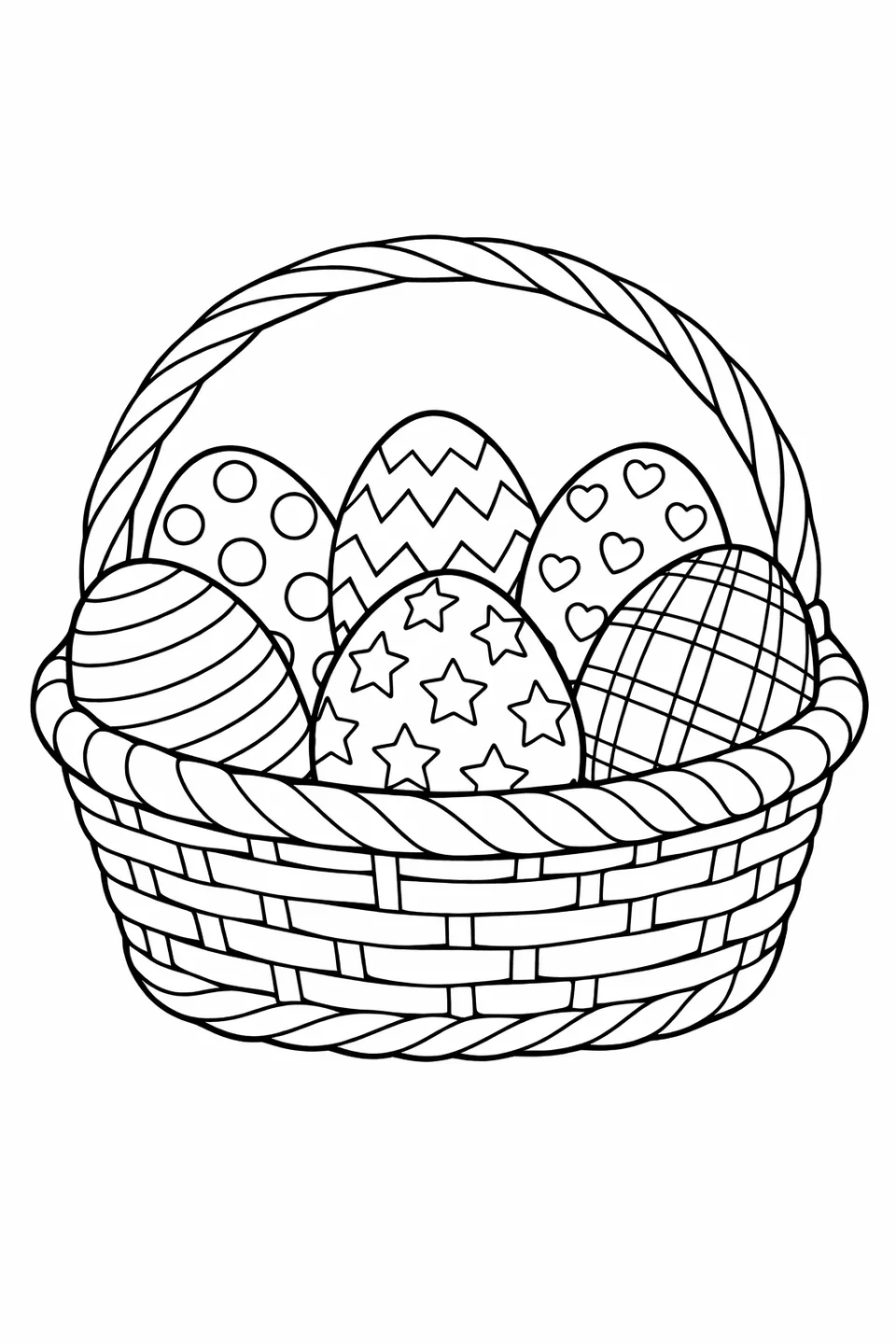Woven Easter basket holding six eggs above the rim, each egg decorated with a different simple pattern including dots, stripes, zigzag, hearts, stars, and plaid