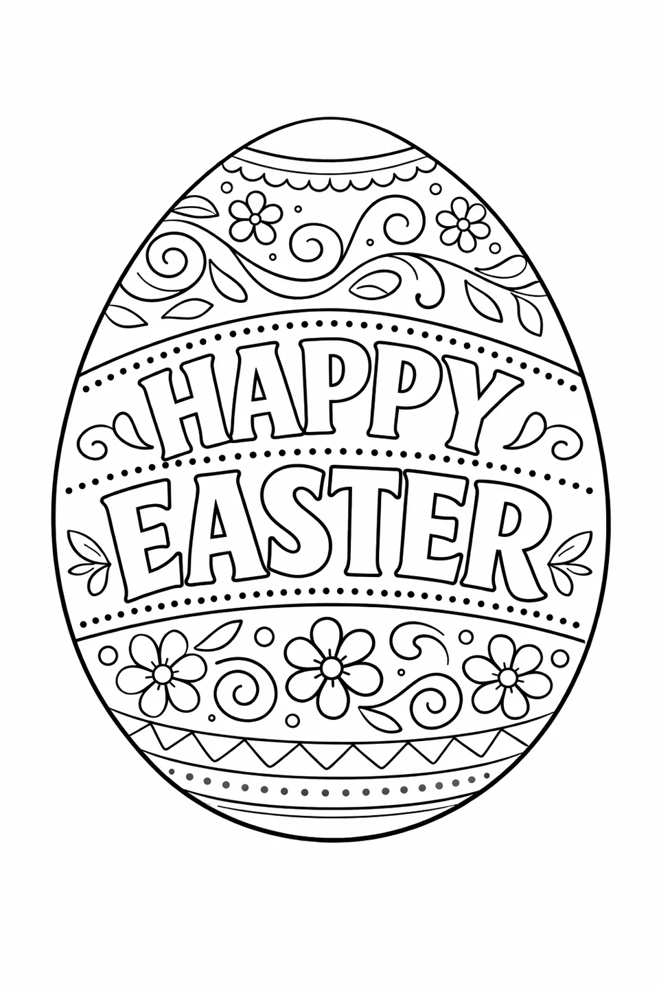 Easter egg outline with the words HAPPY EASTER in large block letters across the center, surrounded by decorative dot borders and flourishes