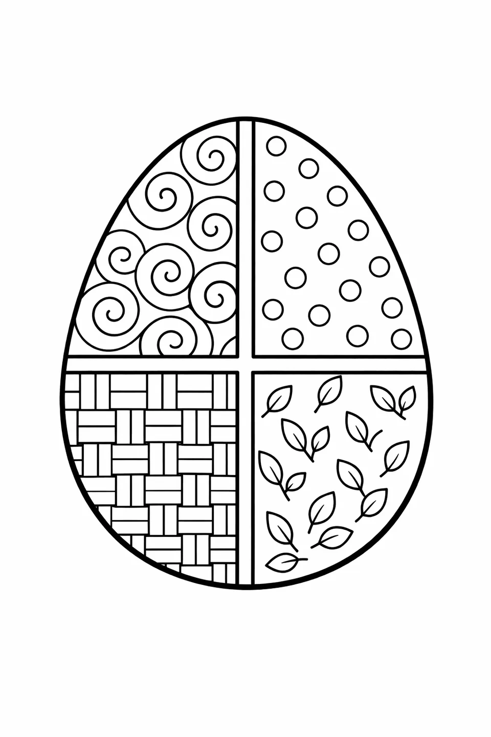 Easter egg outline divided into four quadrants by a bold cross, each quadrant filled with a different pattern including spirals, dots, woven lines, and leaves