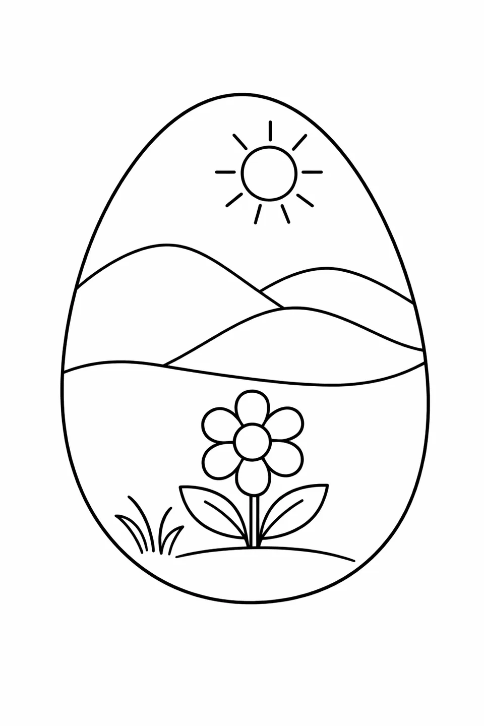 Easter egg outline containing a small illustrated landscape with rolling hills, a sun in the upper area, and a single large flower in the foreground