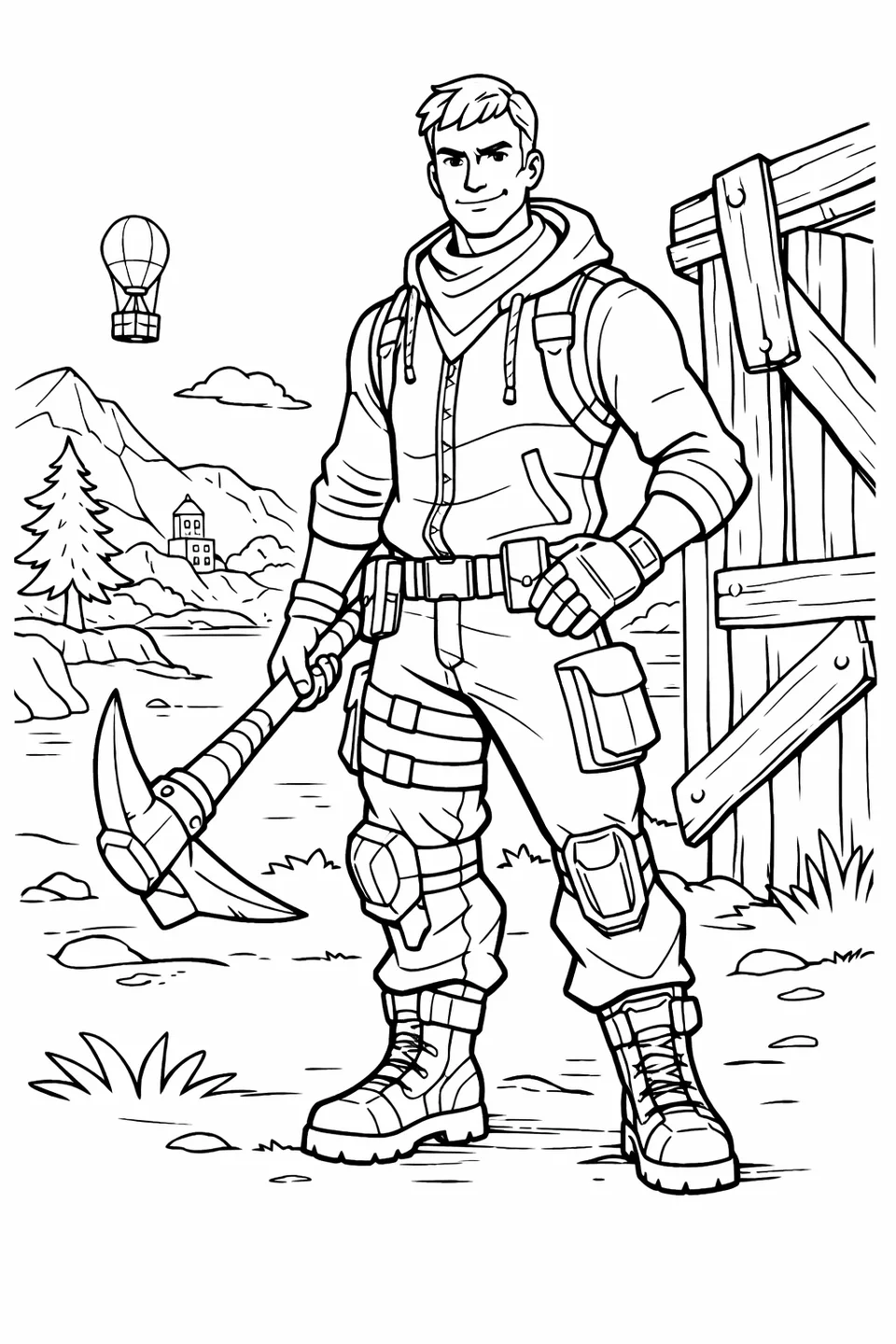 Fortnite default Jonesy character in hoodie and cargo pants holding a pickaxe next to a wooden wall structure