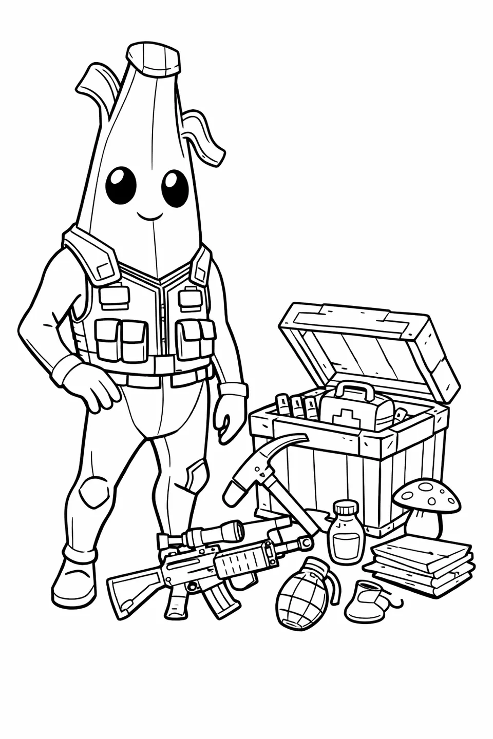 Fortnite Peely banana character in a black vest standing next to an open supply drop crate with items on the ground