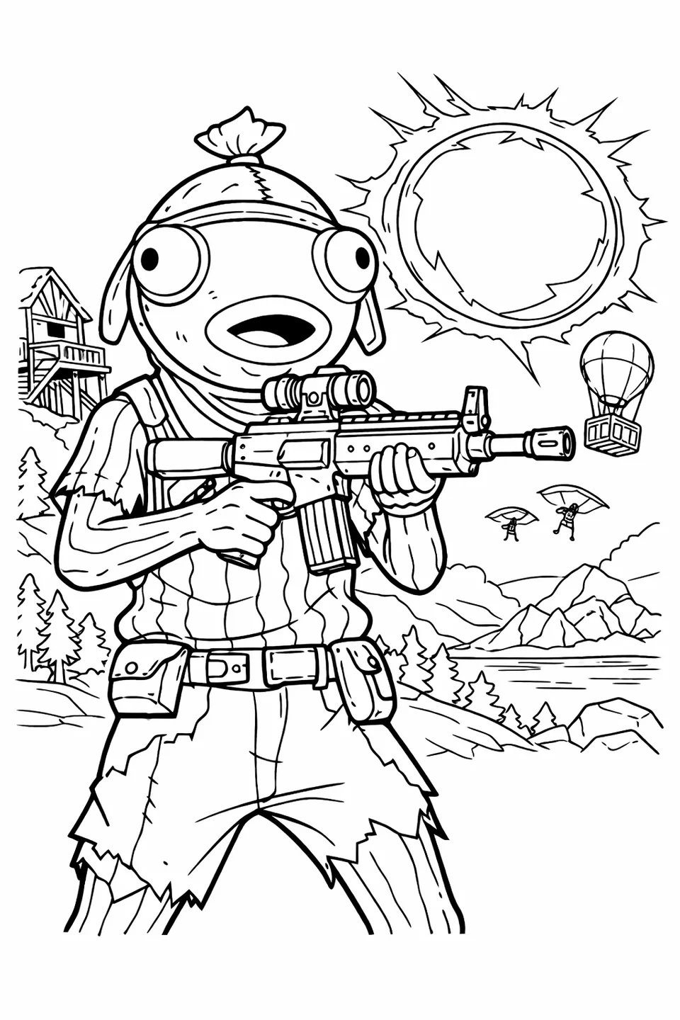 Fortnite Fishstick character with round fish head and bulging eyes aiming an assault rifle toward a distant storm circle
