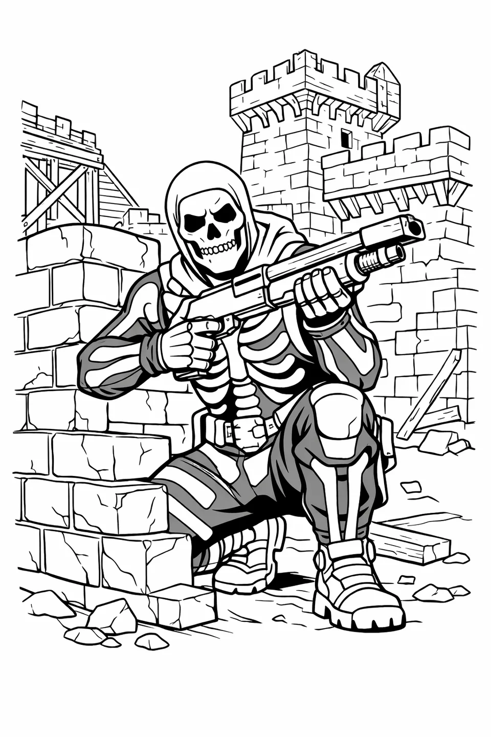 Fortnite Skull Trooper in black skeleton jumpsuit and skull helmet crouching behind a brick wall holding a shotgun