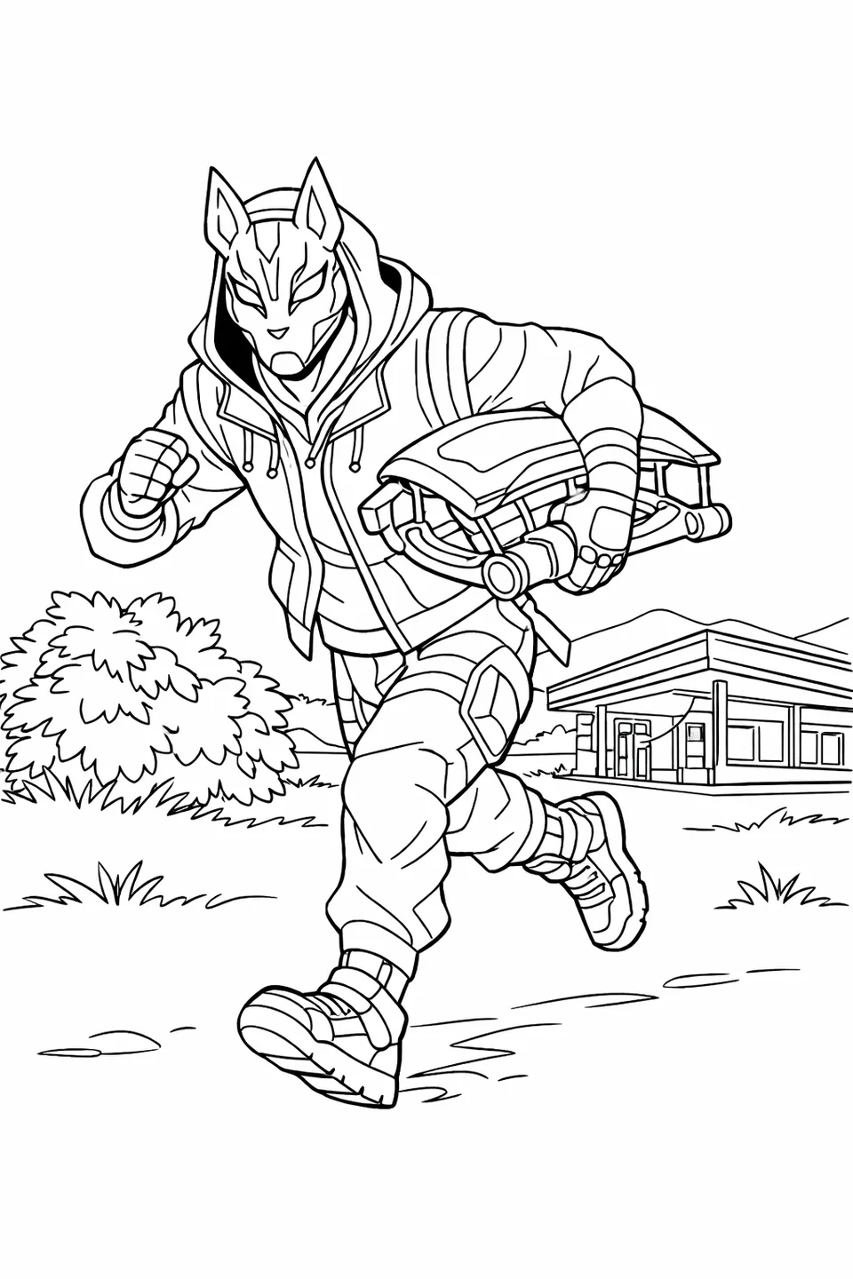 Fortnite Drift character in layered hoodie and glowing orange fox mask sprinting across a grassy map area with a glider under one arm