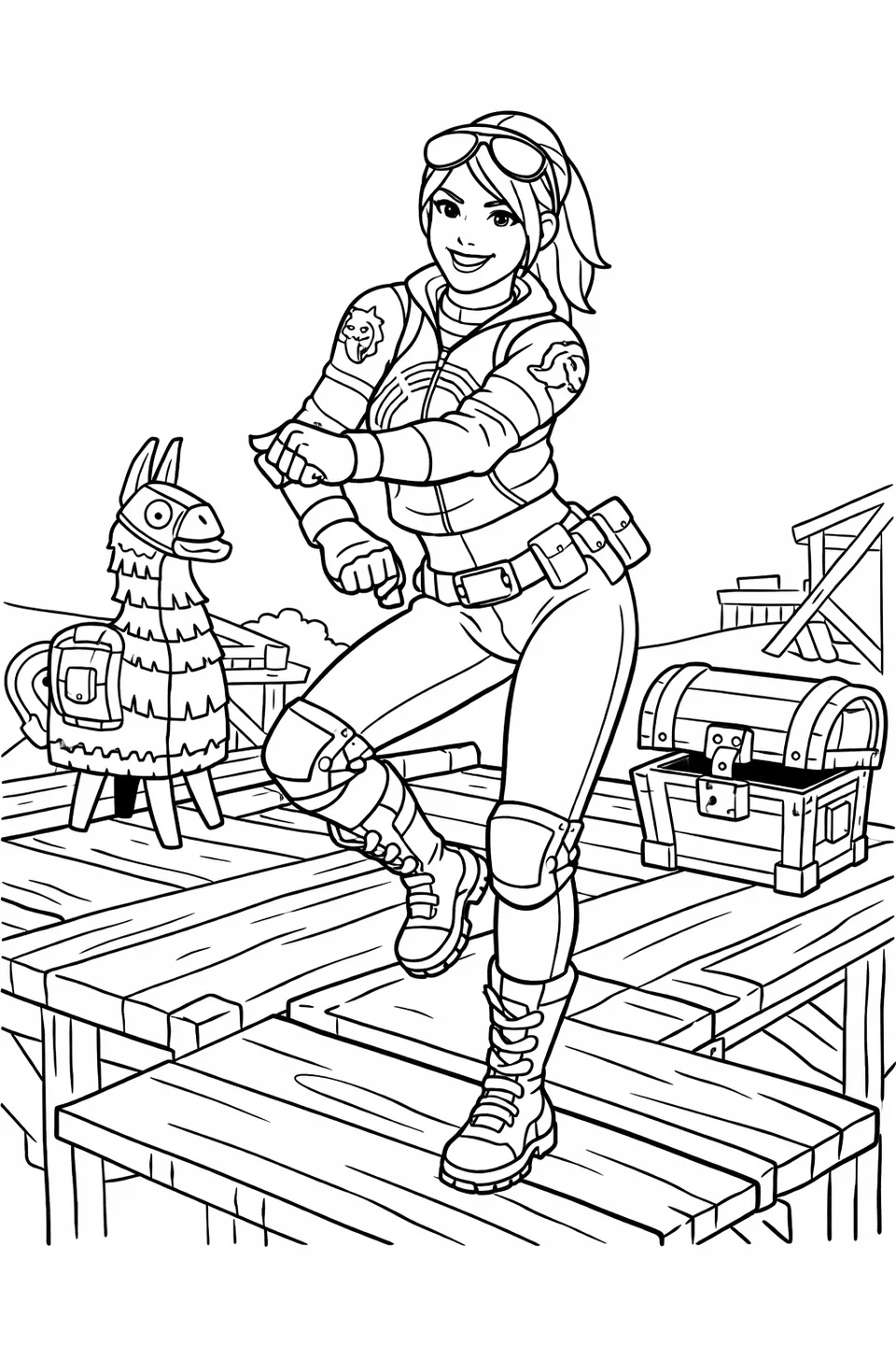 Fortnite Brite Bomber in a rainbow-patched pink jacket and purple hair dancing on a wooden platform next to a colorful llama piñata