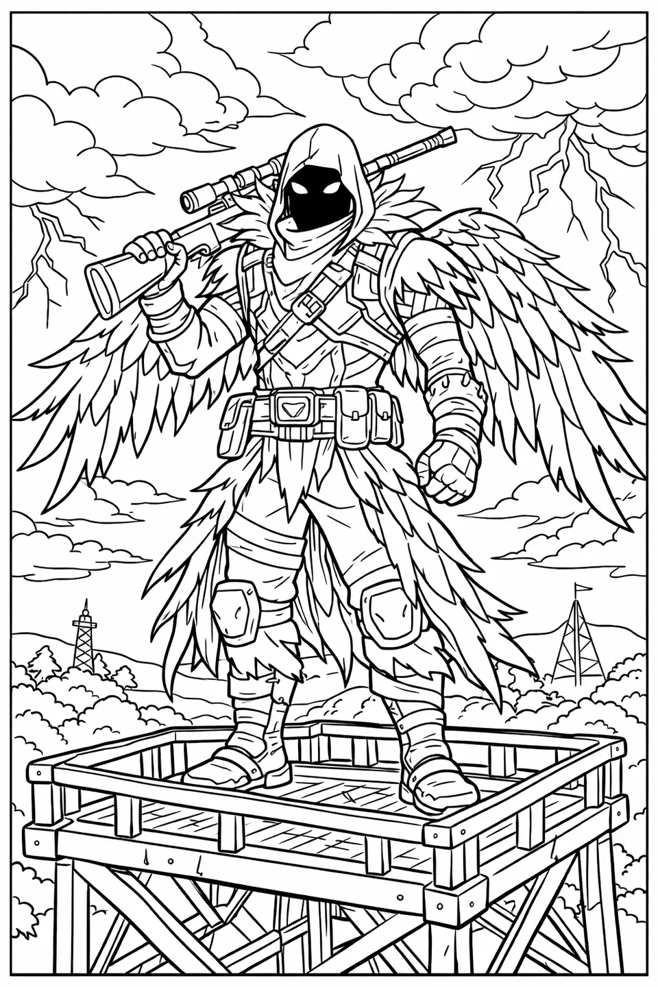 Fortnite Raven character in dark feathered cloak with spread crow wings standing on a metal tower holding a sniper rifle