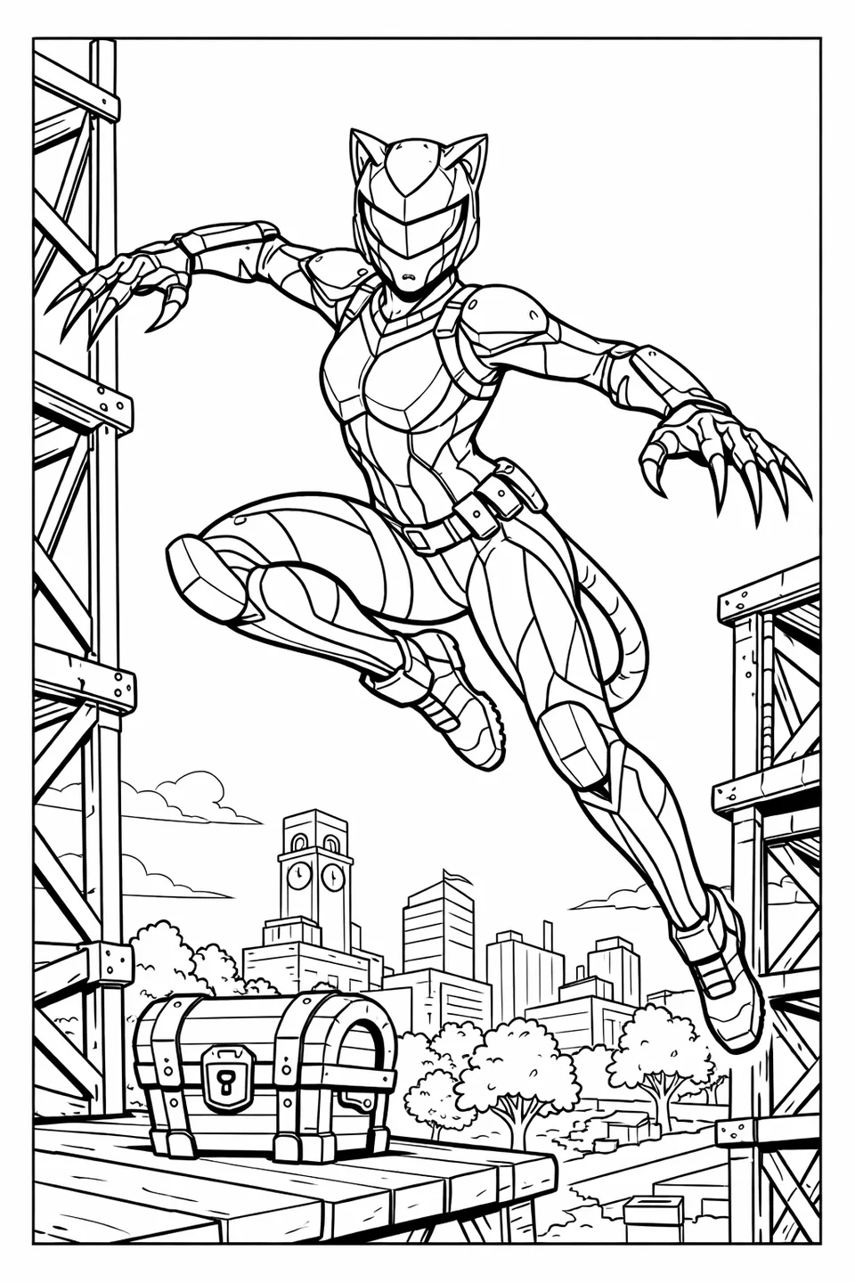 Fortnite Lynx character in black cat armor suit with glowing visor and extended claws leaping between two metal structures