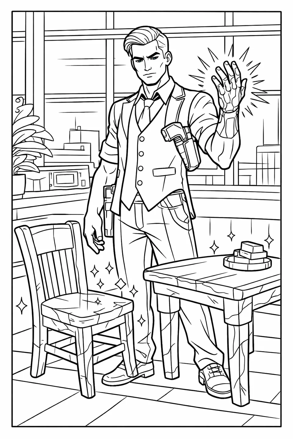 Fortnite Midas character in black suit with gold lapels raising a glowing golden hand as furniture turns to gold inside a building