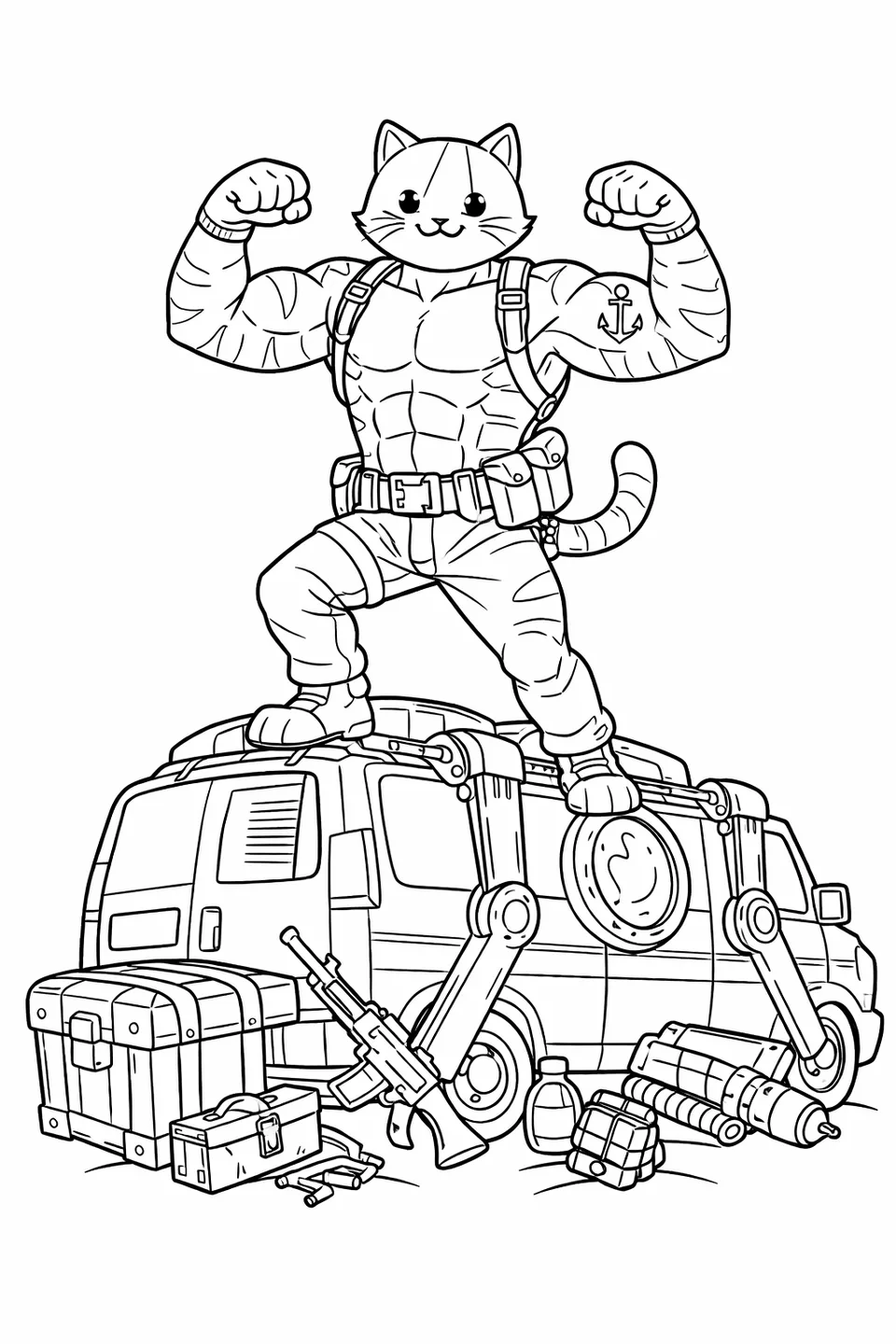 Fortnite Meowscles muscular cat character in a tactical vest with anchor tattoo flexing on top of a Reboot Van with loot on the ground
