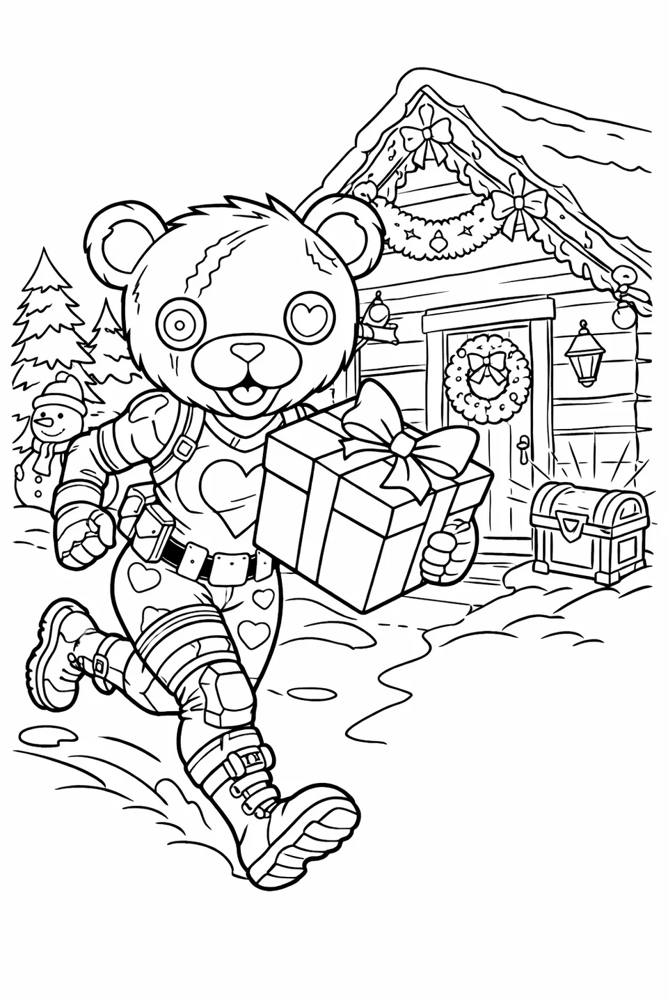 Fortnite Cuddle Team Leader in a pink bear head and heart-patterned bodysuit running toward a wooden cabin while carrying a wrapped gift box