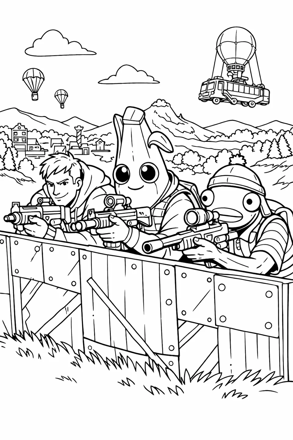 Fortnite characters Jonesy, Peely, and Fishstick crouching together behind a metal build wall on a hilltop with weapons aimed toward a valley