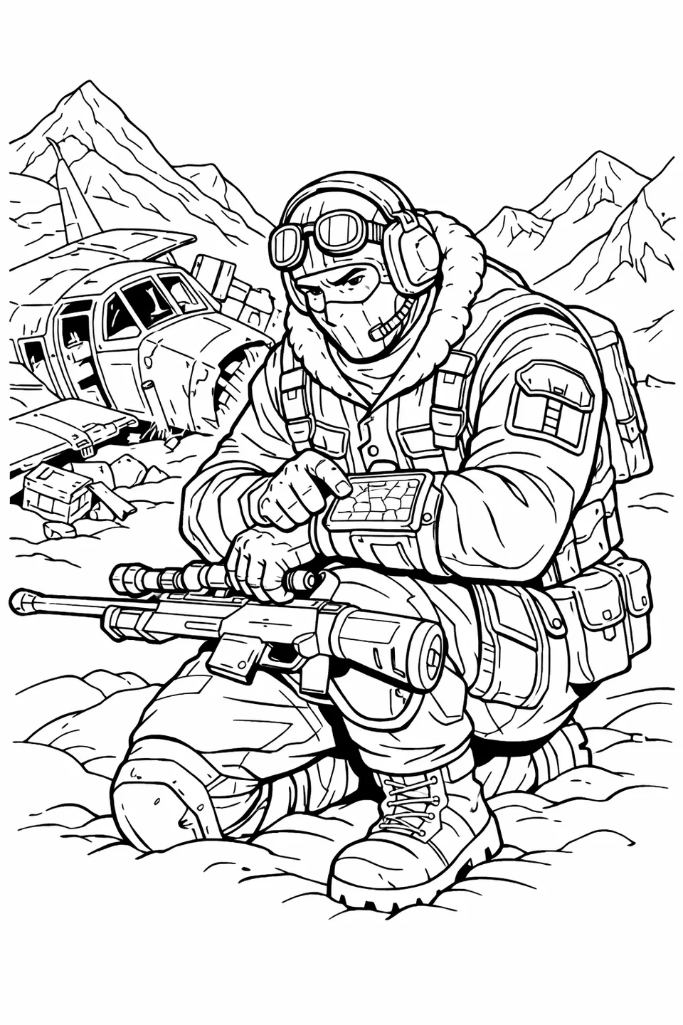 Fortnite Raptor character in tan military jacket with aviator goggles kneeling beside crashed plane wreckage on a snowy mountain slope
