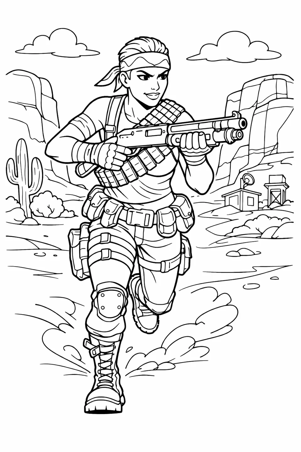Fortnite Bandolier character in a dark sleeveless top with heavy ammo belt running through a desert biome holding a tactical shotgun