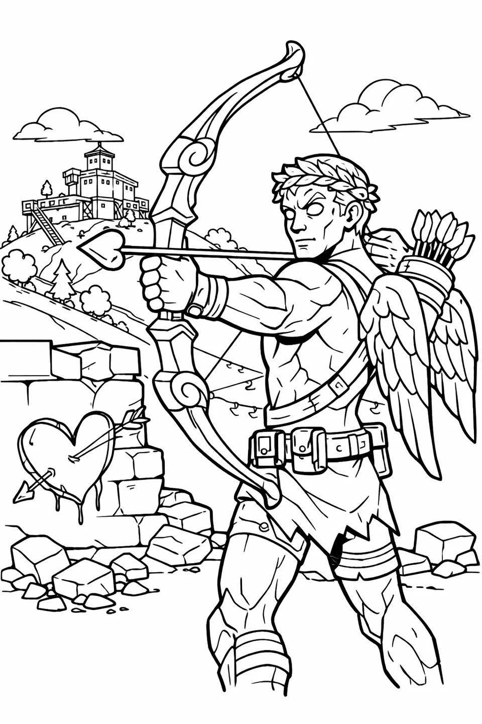 Fortnite Love Ranger stone humanoid character with cherub face and laurel crown drawing a large golden bow toward a hilltop fortress