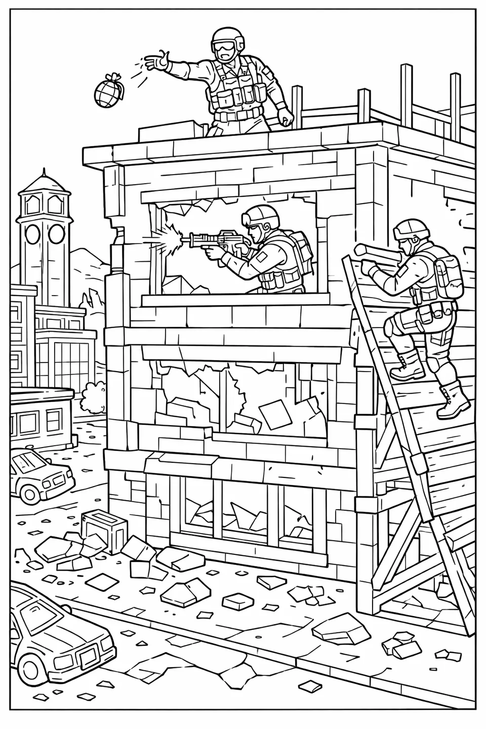 Three Fortnite soldiers fighting across multiple floors of a concrete building with one throwing a grenade from the roof and debris on the street below