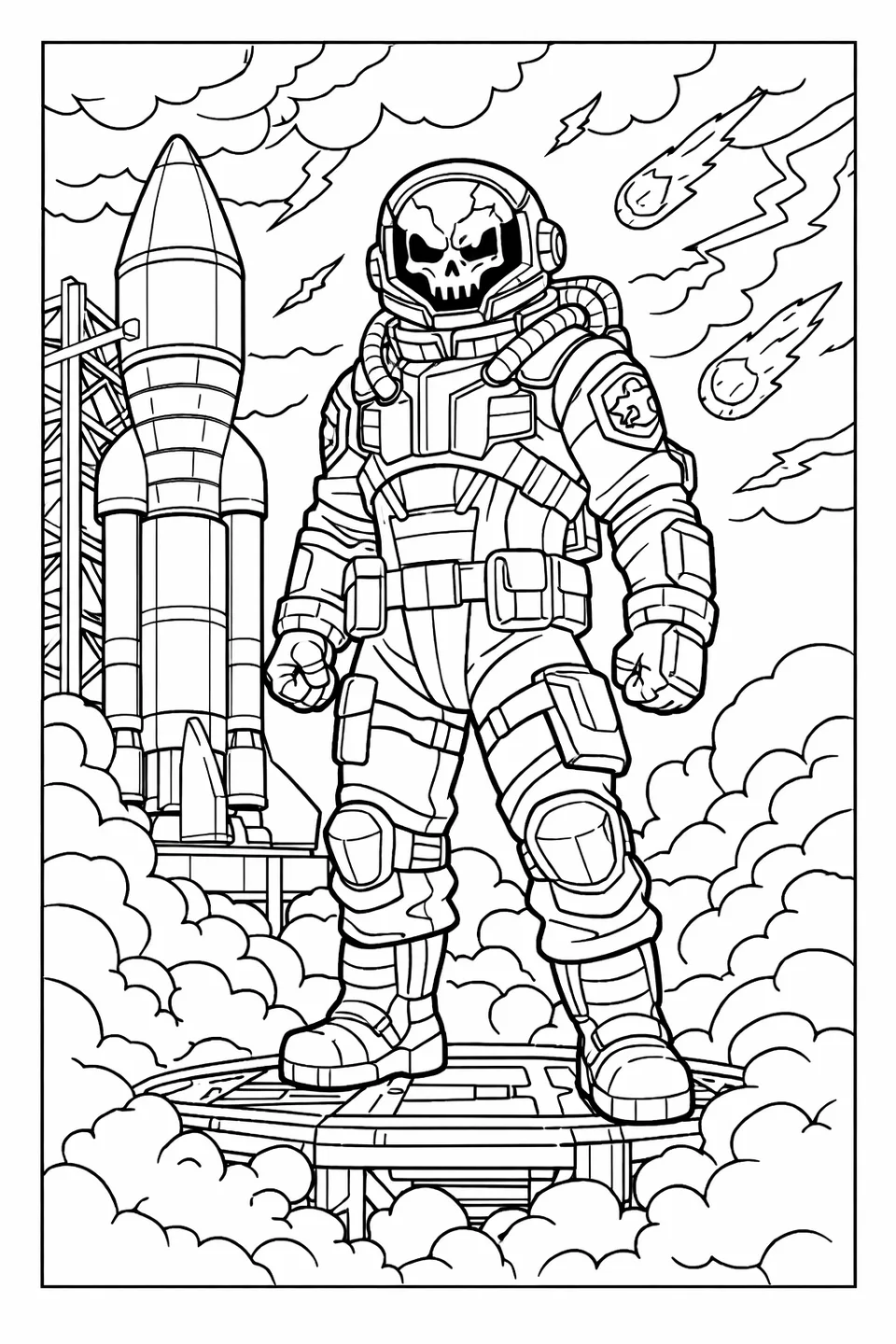 Fortnite Eternal Voyager character in a bulky orange-visor astronaut suit standing on a launch pad surrounded by rocket exhaust smoke under a purple storm sky