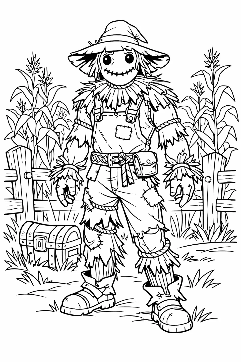 Fortnite Hay Man scarecrow character in a straw hat and tattered overalls standing in a cornfield at dusk next to a glowing loot chest