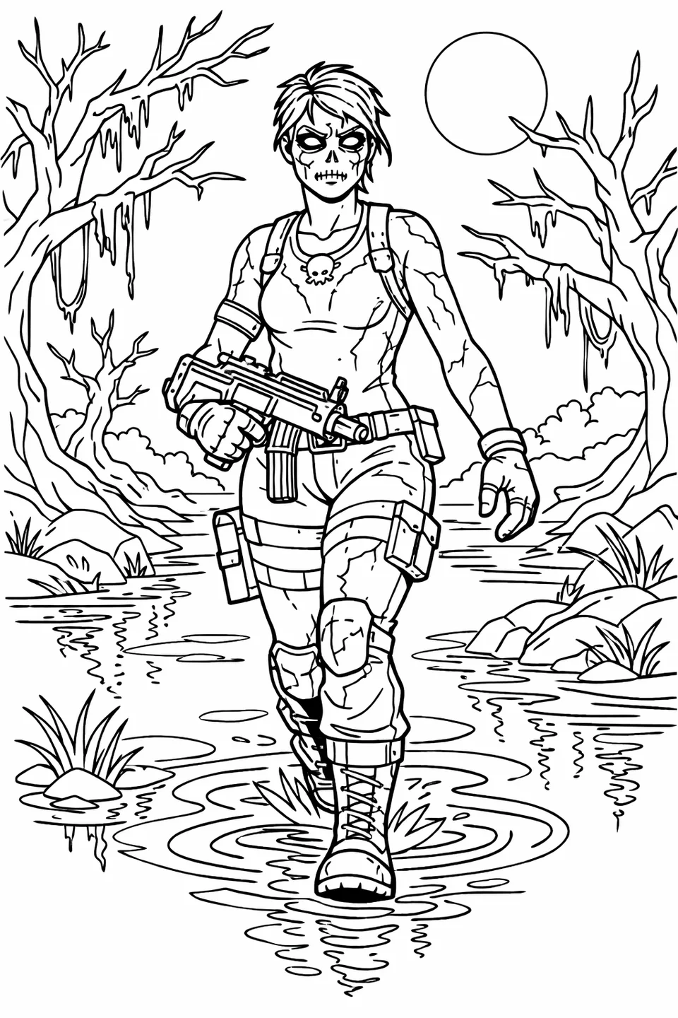 Fortnite Ghoul Trooper character in a gray jumpsuit with zombie face paint carrying a submachine gun through a foggy moonlit swamp