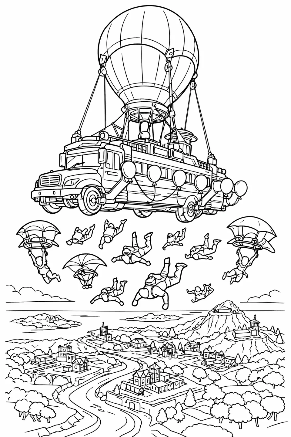 Fortnite Battle Bus floating above a green island landscape with ten player silhouettes diving off the back and deploying various gliders high above rivers and rooftops