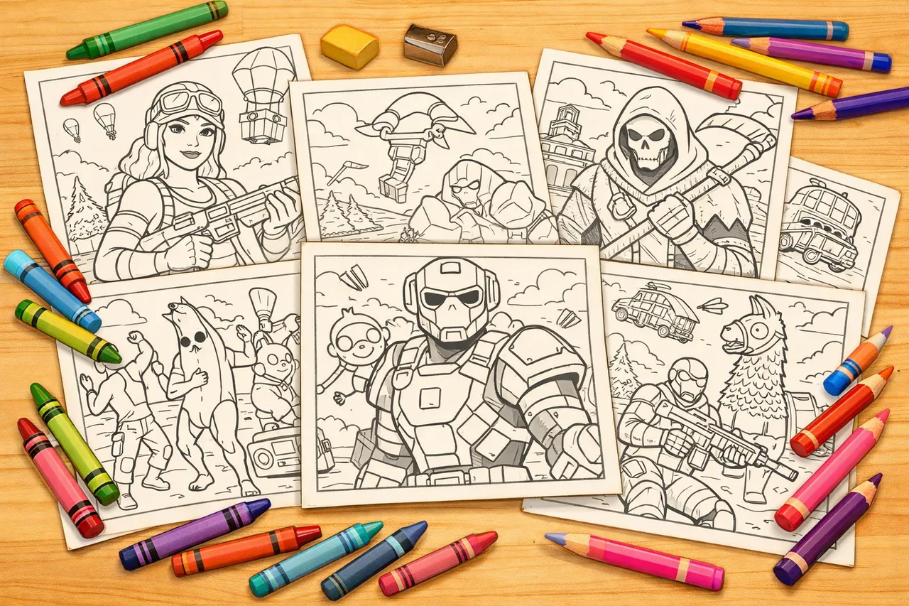 Fortnite Battle Royale Skins And Scenes coloring pages cover collage