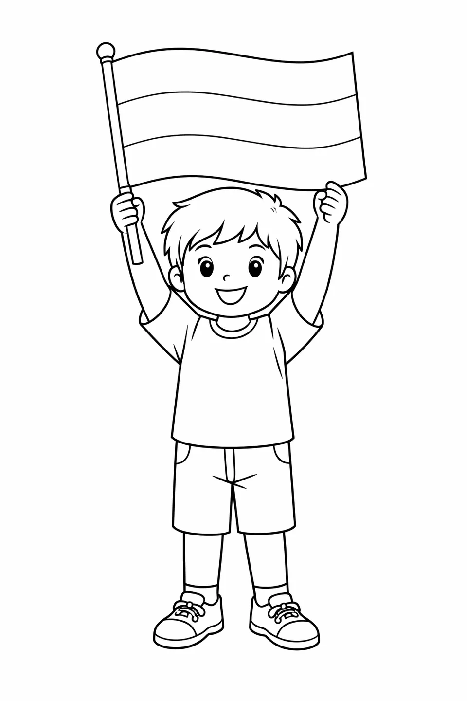 Child holding a small Gabon flag on a stick with both arms raised