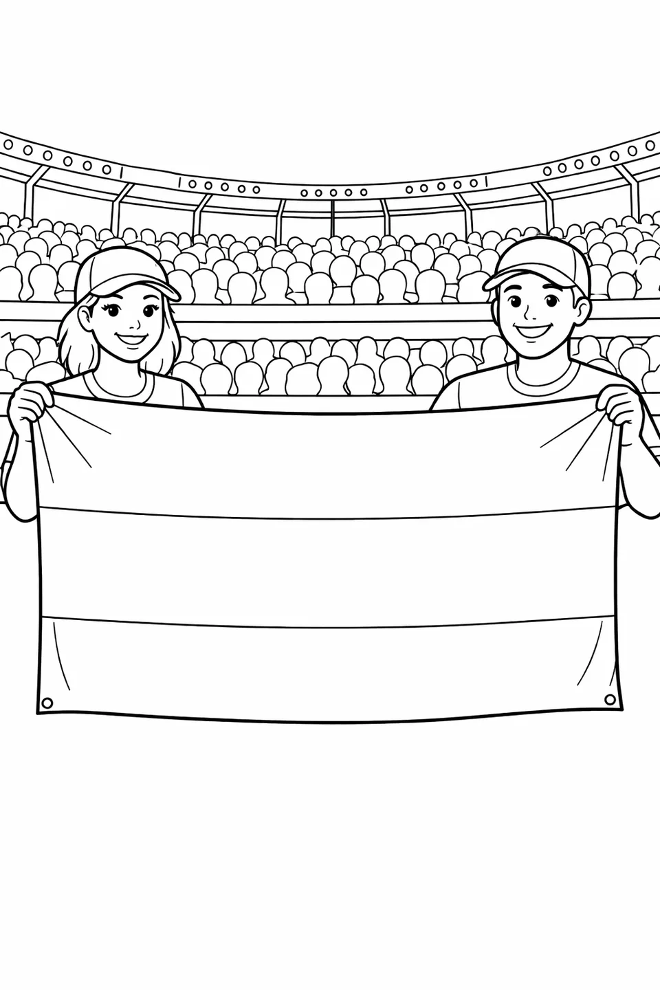 Two people holding a fully stretched Gabon flag open in a stadium setting