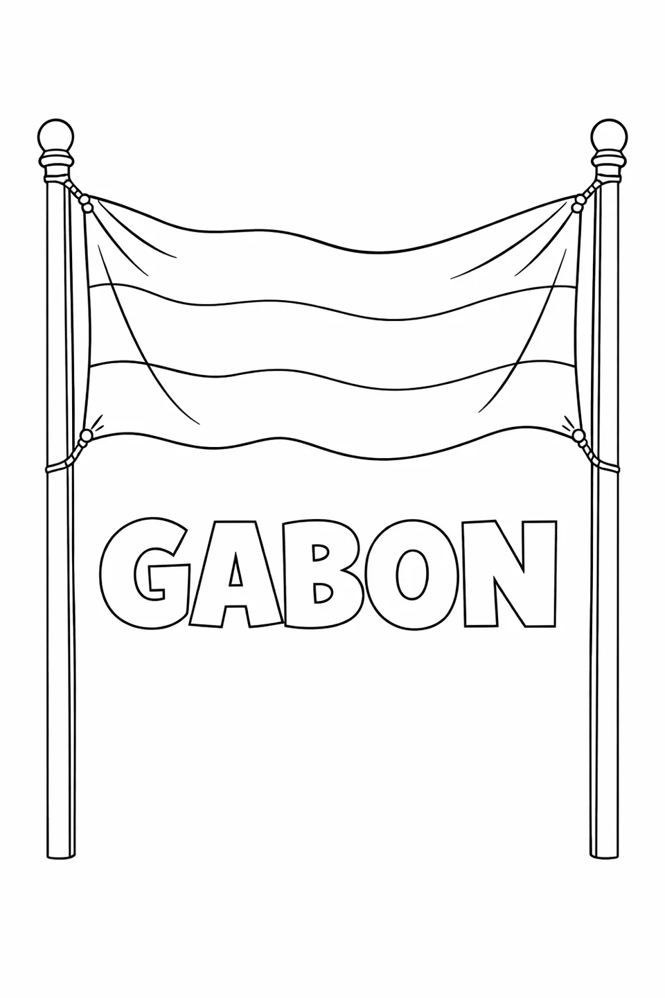 Gabon flag banner hanging between two poles with GABON written below in block letters