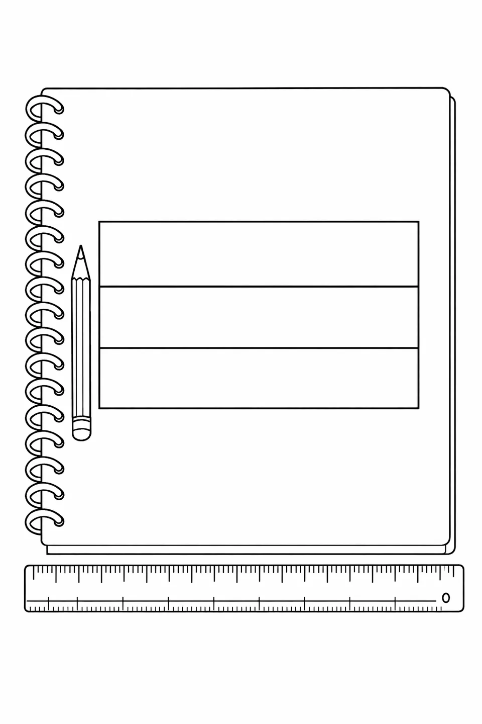Open notebook on a school desk with a hand-drawn Gabon flag, a pencil, and a ruler beside it