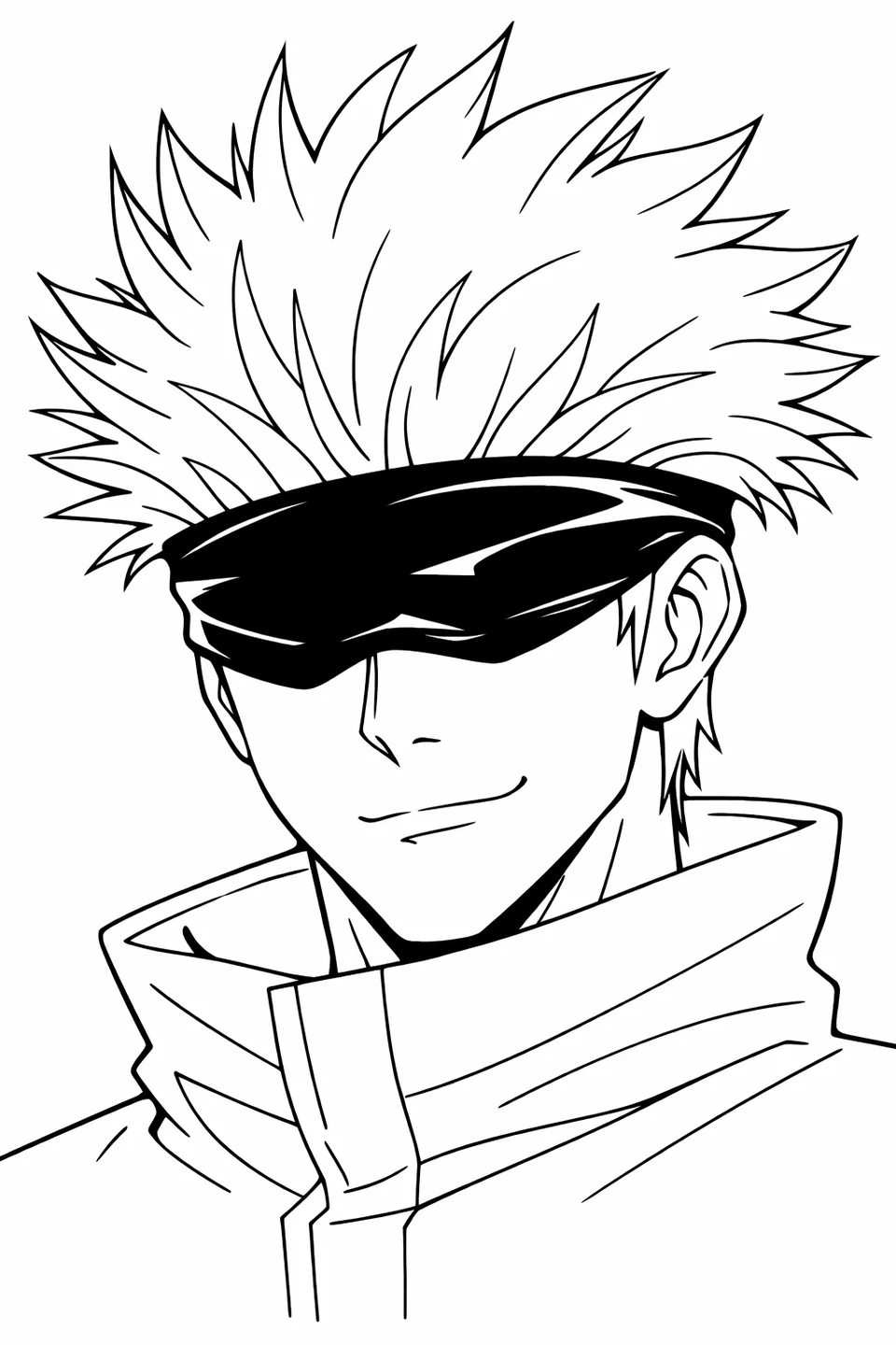 Close portrait of Gojo Satoru with white spiky hair, black blindfold, and a slight smirk