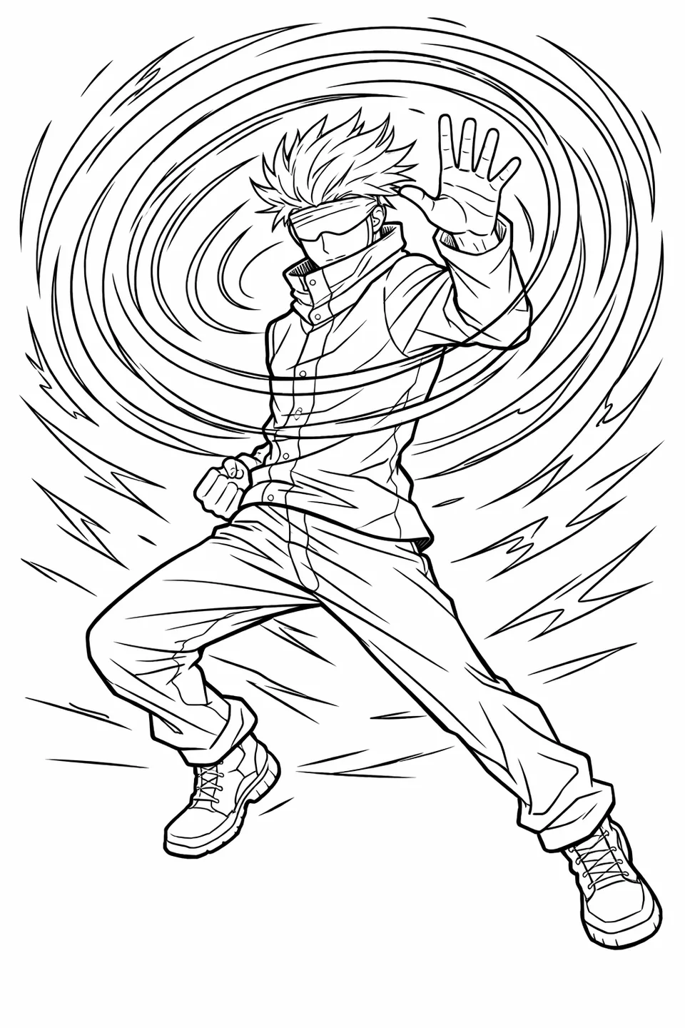 Gojo Satoru in an action stance raising one hand as circular Infinity barrier lines radiate outward around him