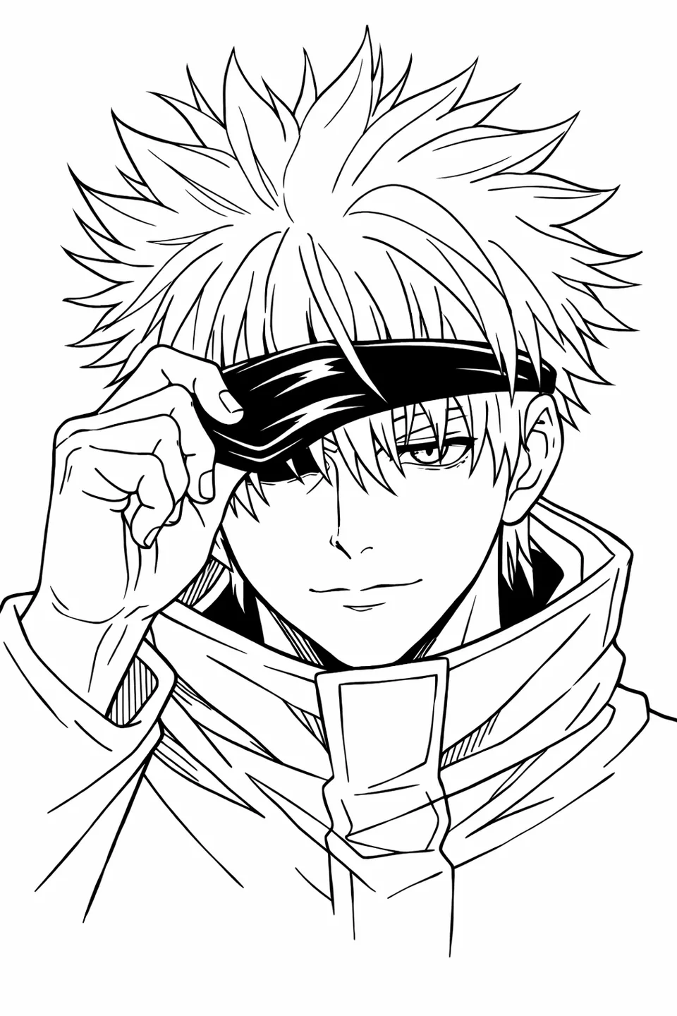 Gojo Satoru pulling his black blindfold down with one hand, eyes beginning to open, white hair framing his face