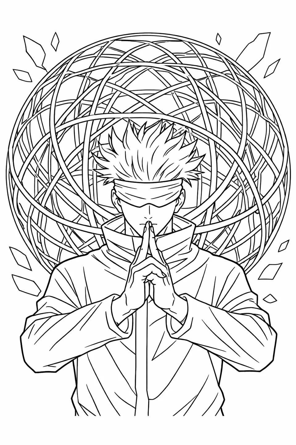 Gojo Satoru in a seal hand pose triggering Domain Expansion surrounded by intricate geometric sphere patterns