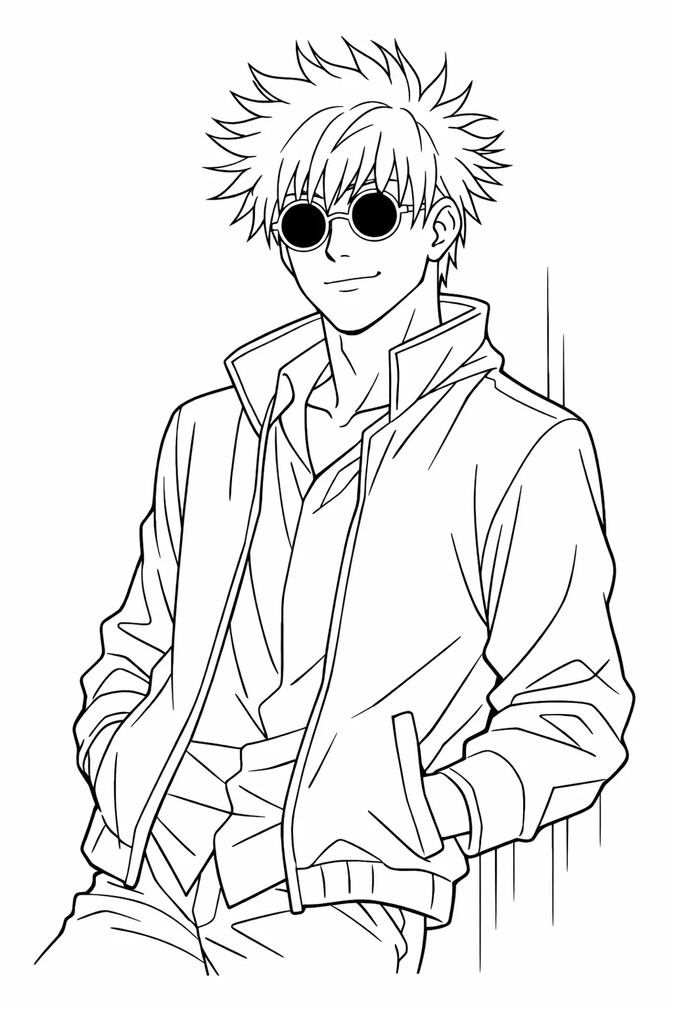 Gojo Satoru leaning against a wall with hands in pockets, wearing round white sunglasses and an open jacket