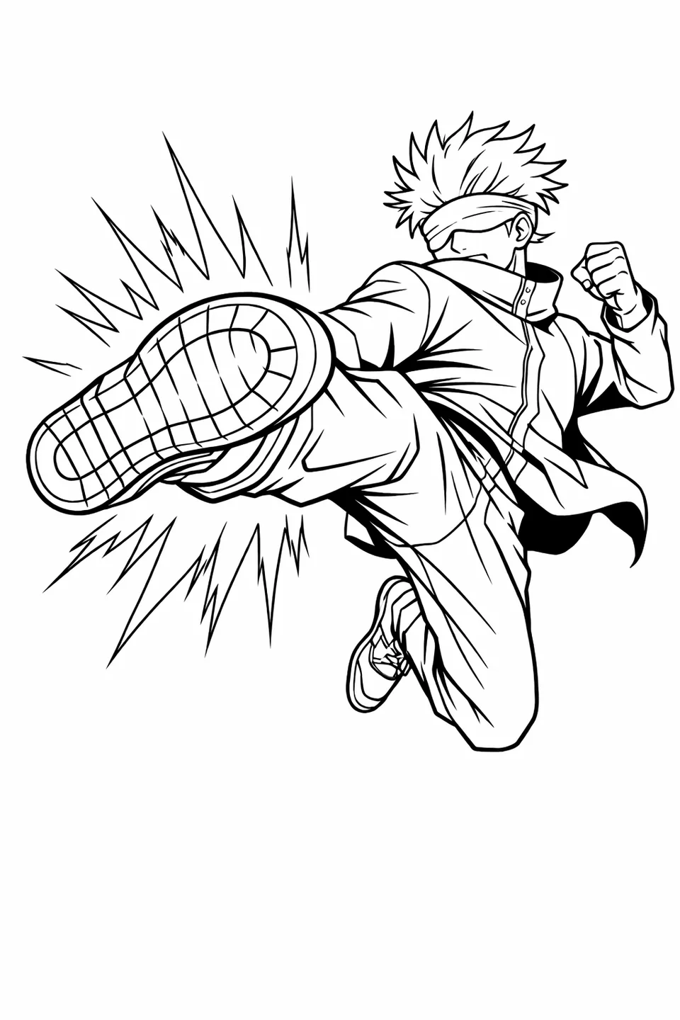Gojo Satoru mid-air performing a flying kick with force lines around his foot and his uniform jacket flowing behind him