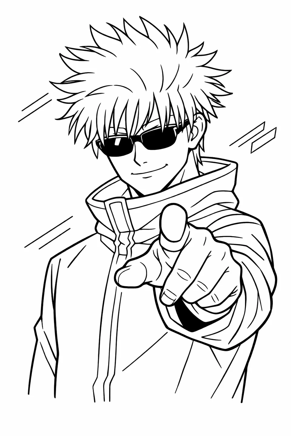 Half-body illustration of Gojo Satoru pointing one finger forward wearing sunglasses with a smug grin