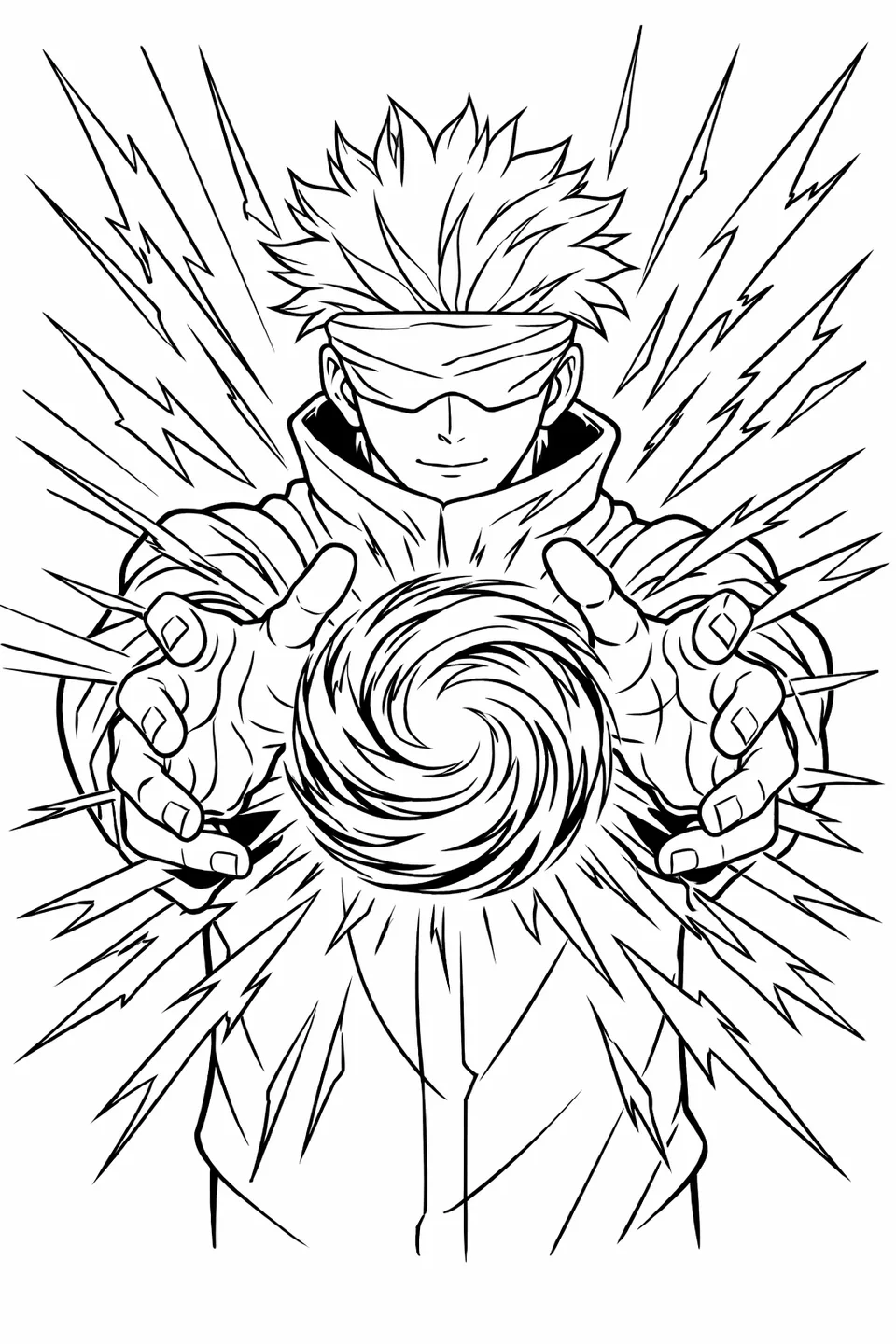 Gojo Satoru extending both hands to merge two energy orbs into the Hollow Purple technique with sweeping energy lines around him
