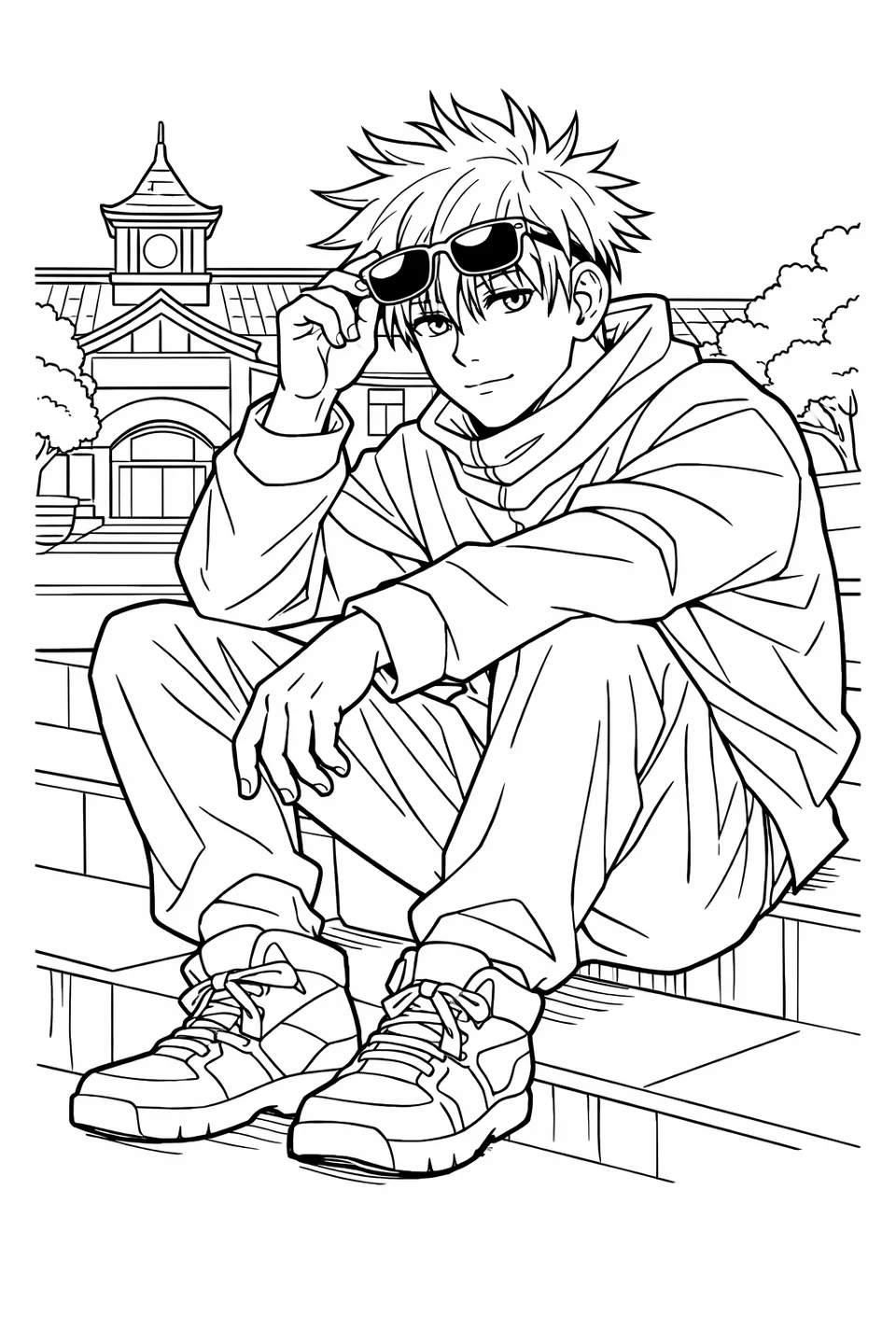 Gojo Satoru sitting on school steps with sunglasses on his forehead, arms on knees, school building outline in background