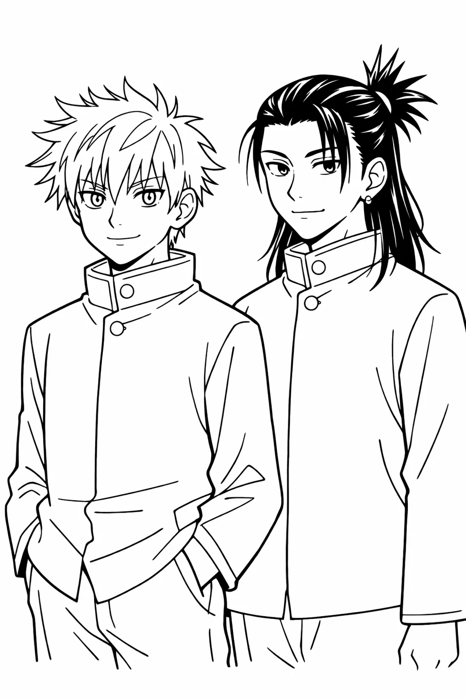 Young Gojo Satoru and young Geto Suguru standing side by side in school uniforms, both facing forward