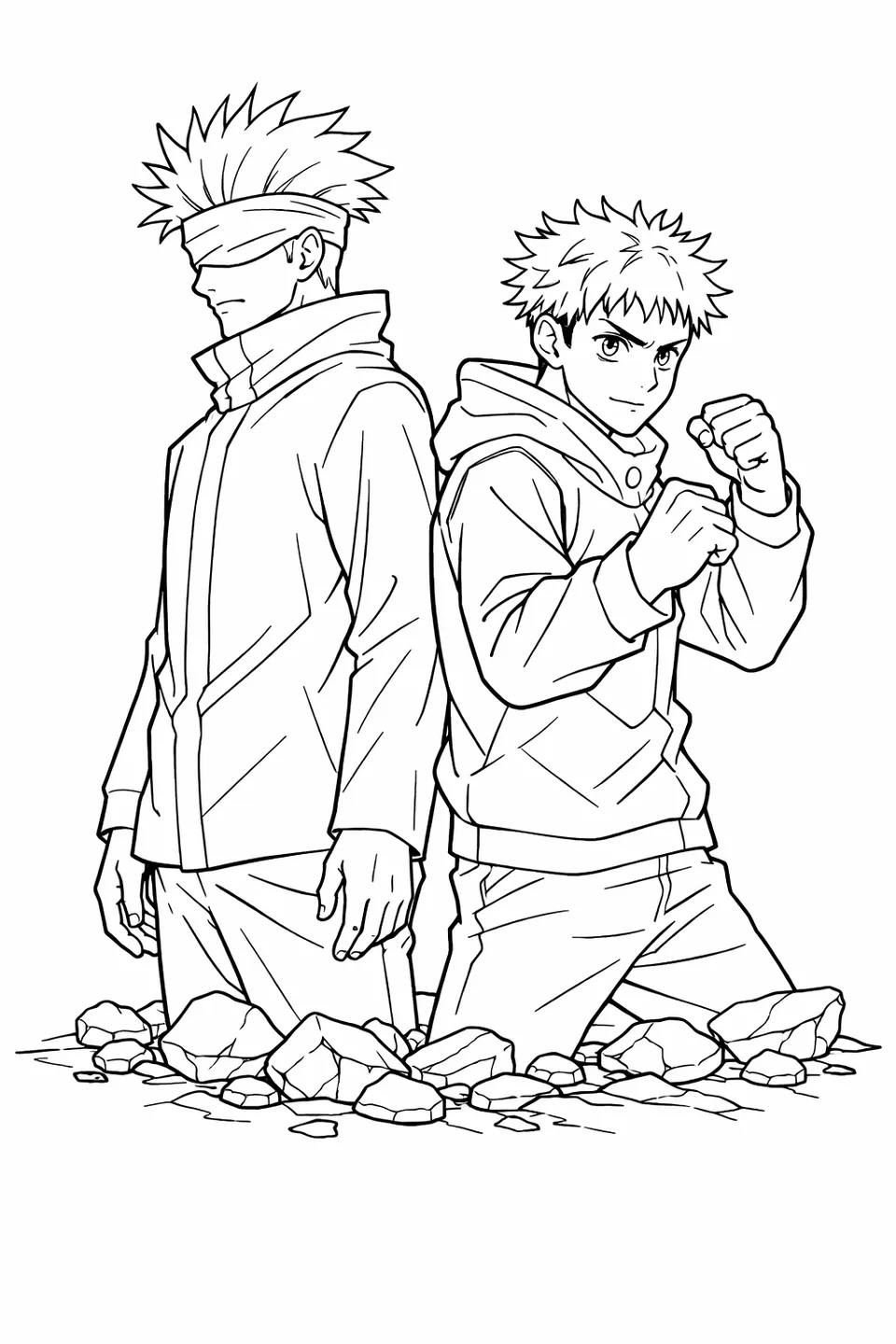 Gojo Satoru and Yuji Itadori standing back to back in fighting stances on rocky ground
