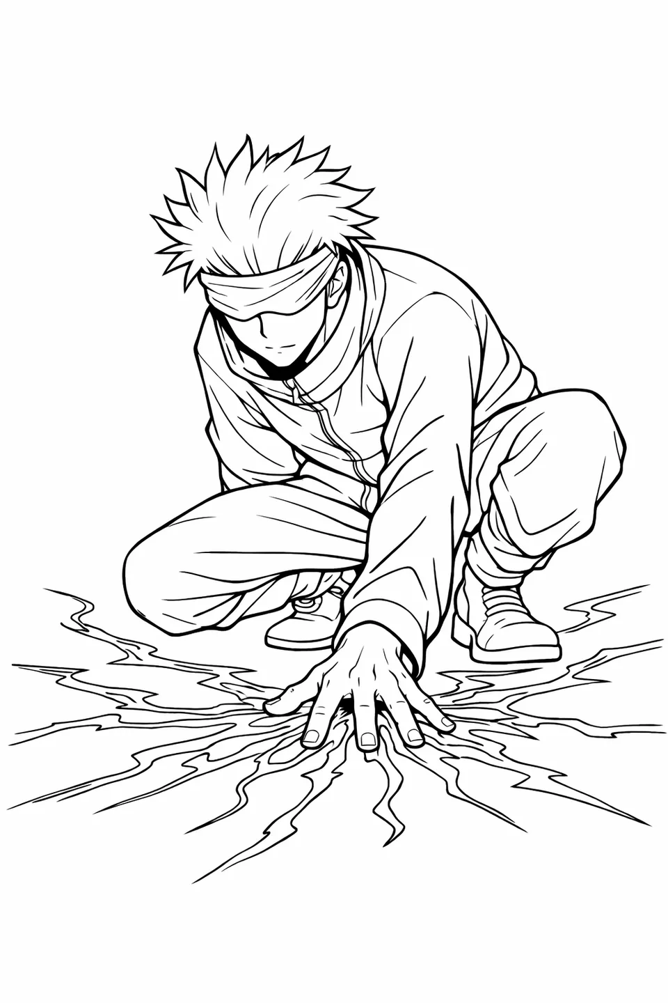 Gojo Satoru crouched low with one hand on the ground as cursed energy lines spread outward from his fingers