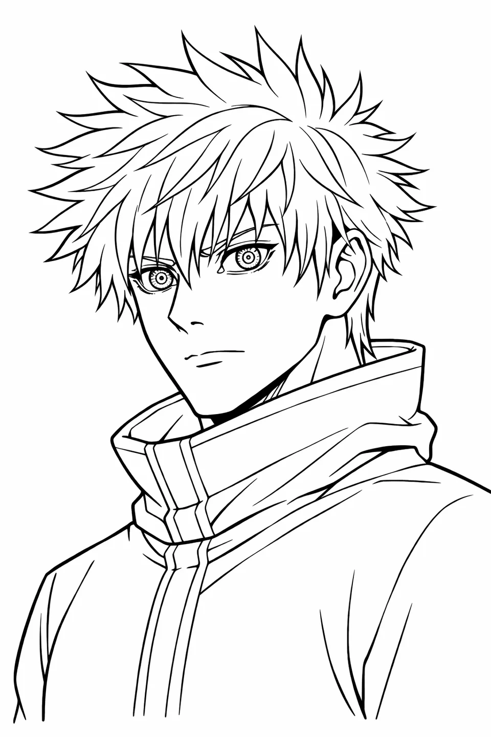 Upper body view of Gojo Satoru without blindfold showing Six Eyes with detailed circular iris patterns