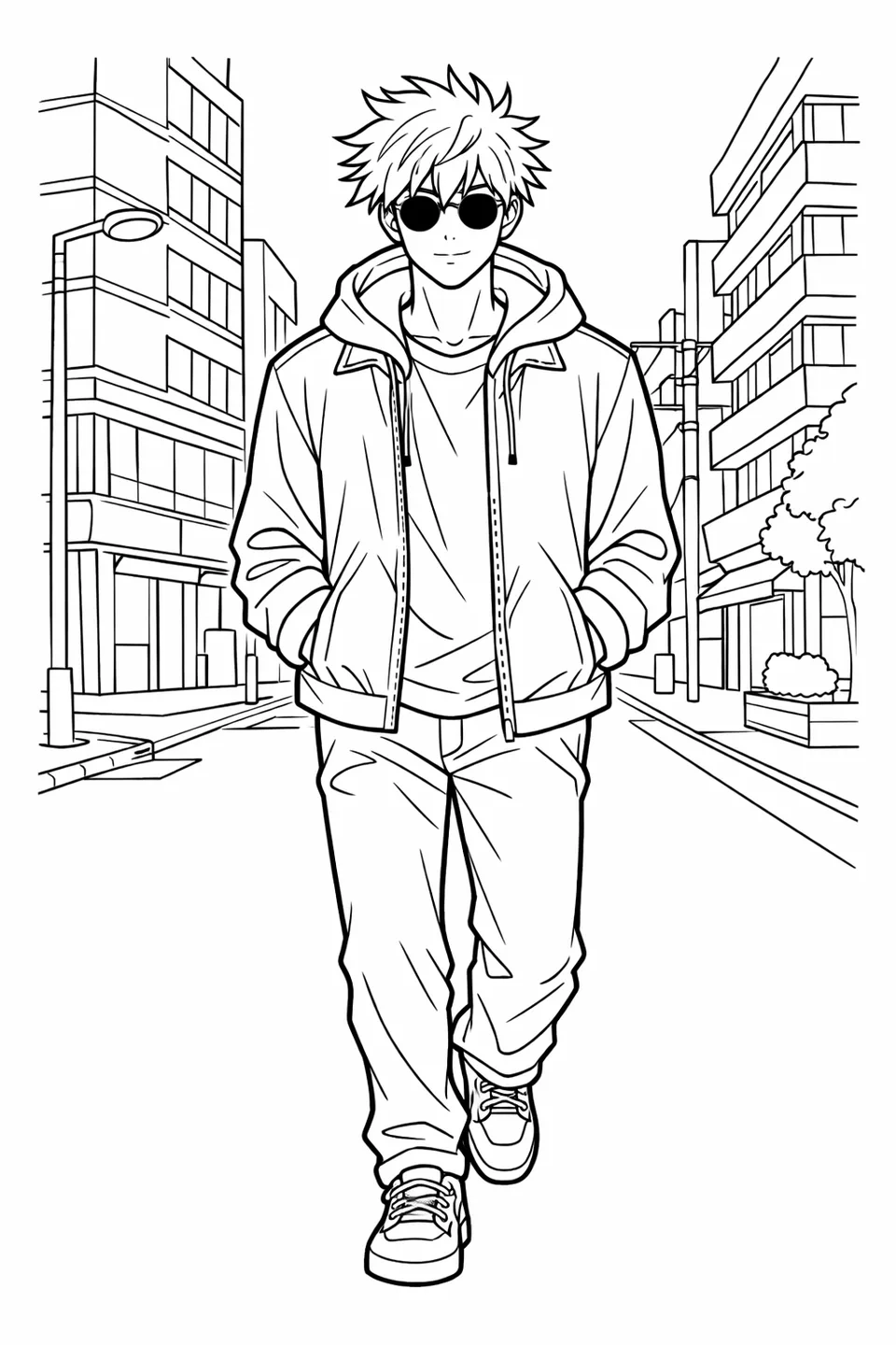 Gojo Satoru walking down a street in casual clothes with round white sunglasses and city buildings in the background
