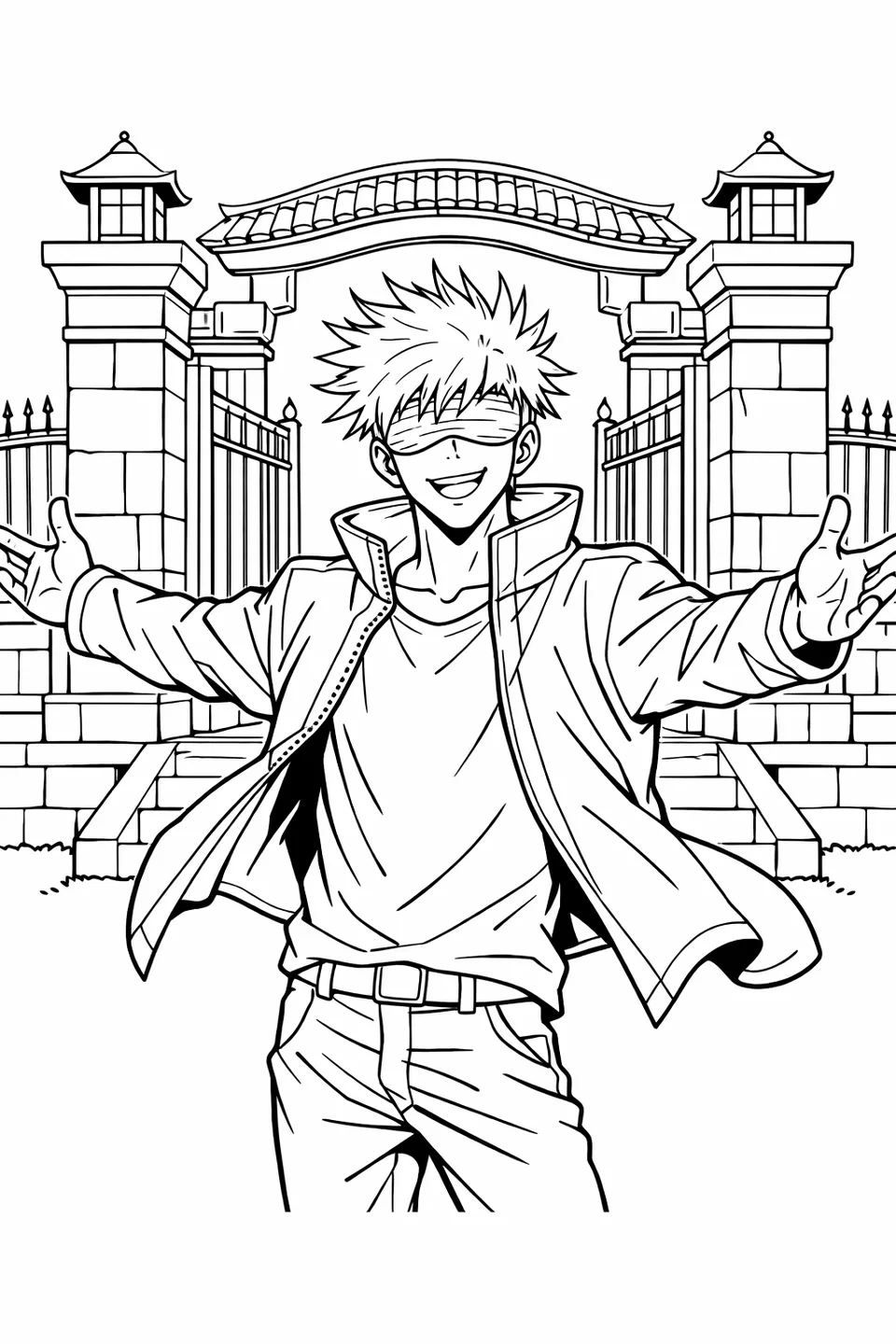 Gojo Satoru at the Jujutsu High gate with arms spread wide, grinning, gate pillars and steps behind him