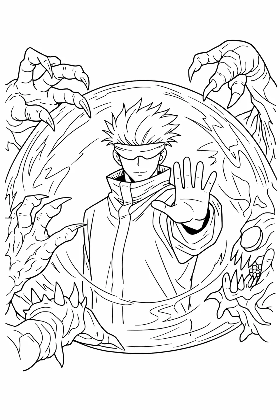 Gojo Satoru deflecting a cursed spirit attack with an open palm as the Infinity barrier dome holds the creature back