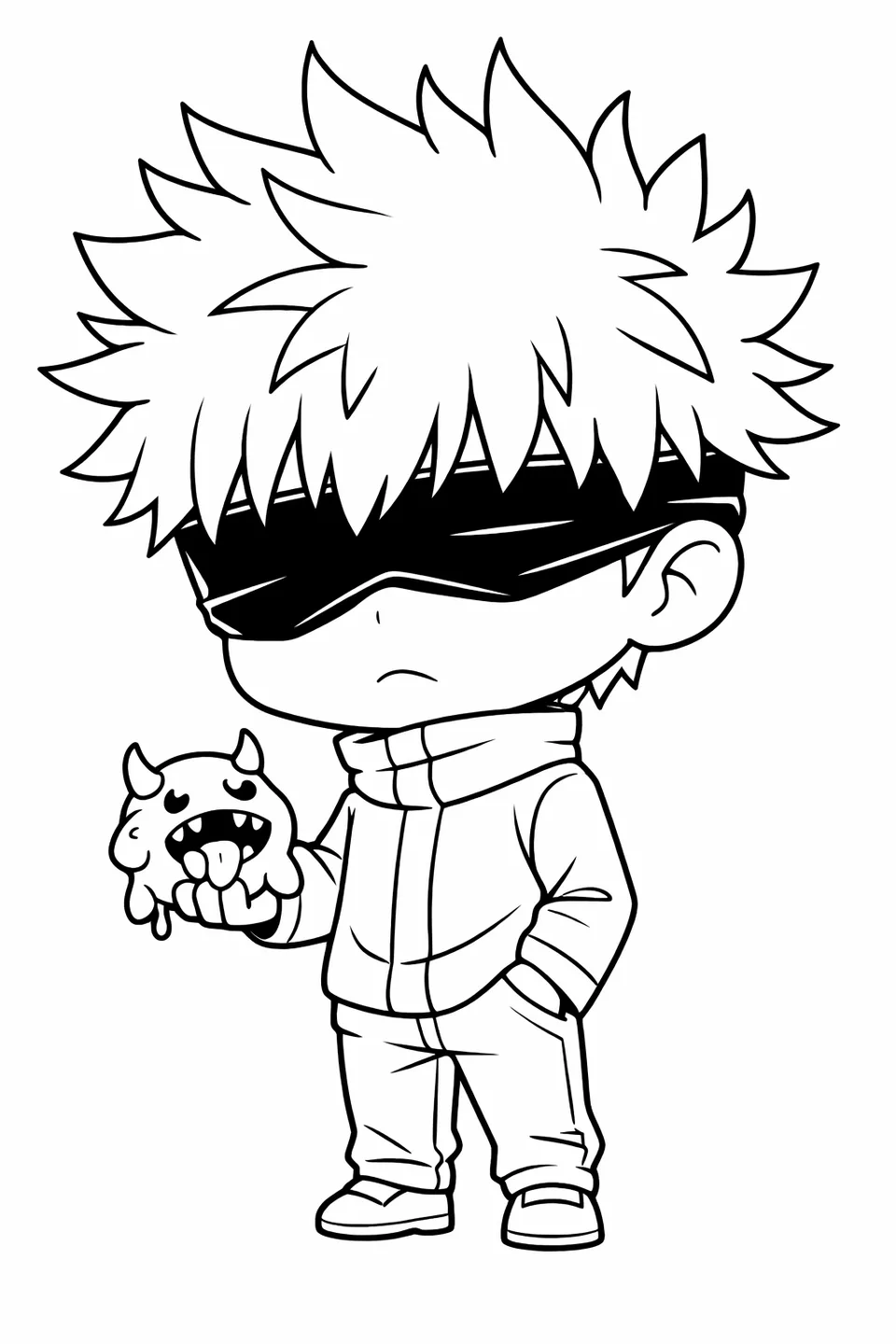 Chibi-style Gojo Satoru with oversized head holding a tiny cursed spirit in one hand, wearing a blindfold