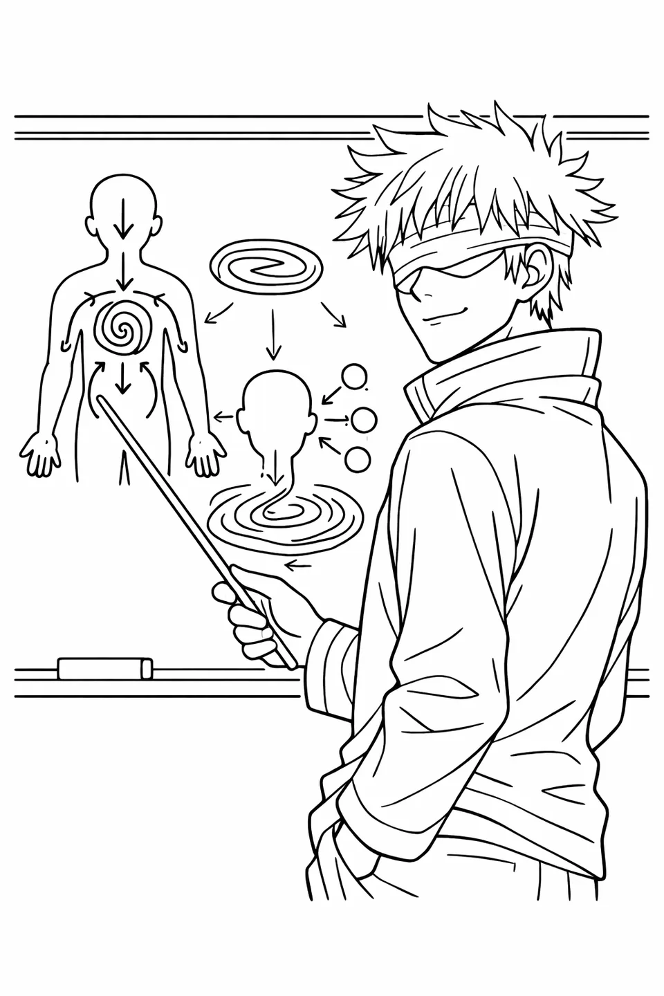 Gojo Satoru standing at a classroom blackboard with a pointer and cursed energy diagrams drawn in chalk